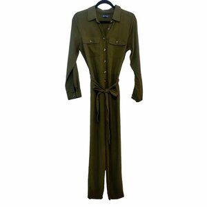 Modcloth Womens Size M Green Linen Viscose Roll Tab Sleeves Tie Belt Jumpsuit